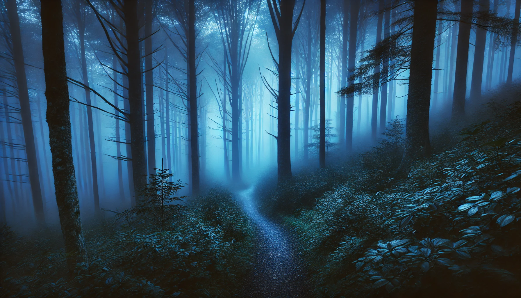 Mysterious foggy forest trail in Virginia’s Blue Ridge Mountains, representing the unknown terrain of Bigfoot sightings.